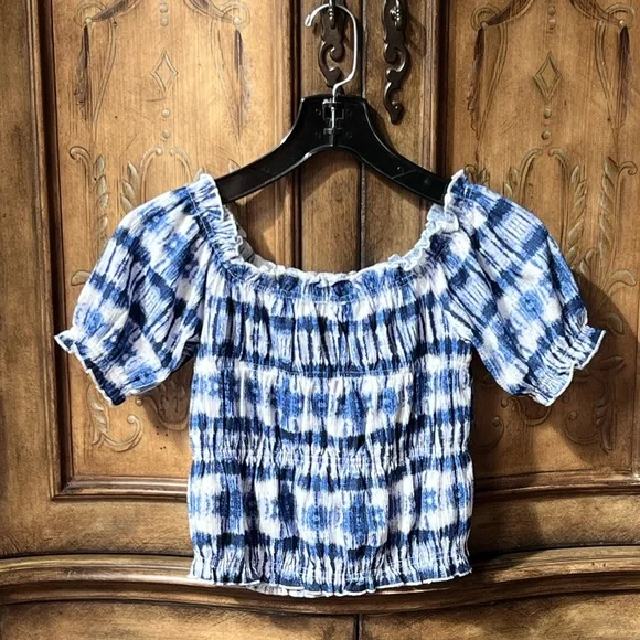 Zara Girls NWOT Blue Tie-Dye Cropped Puff Sleeve Top Sz 10/12–13/14 - Picture 10 of 15